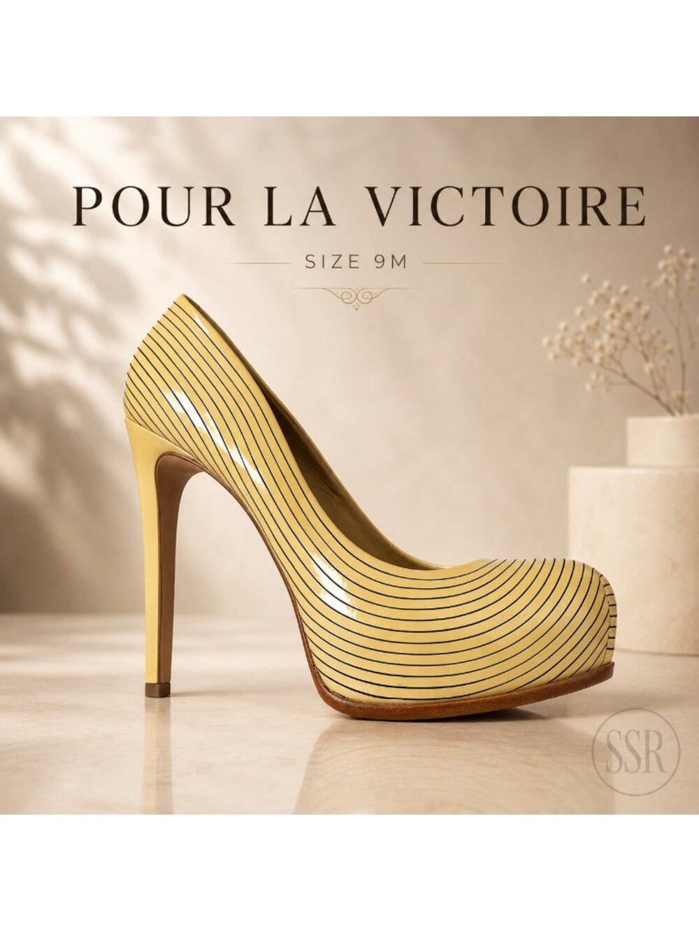 Pour La Victoire Yellow Black Striped Patent Platform Heels Size 9M NWOB